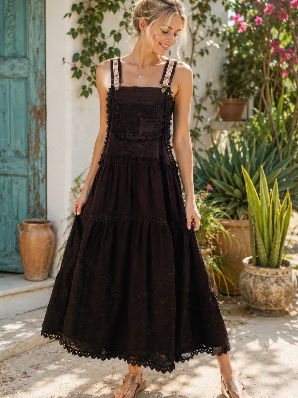 Boho Tiered Maxi Pinafore Dress - Black